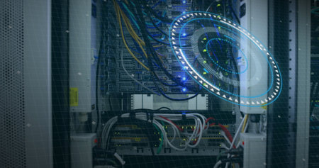 Image of data processing over computer wires. computers, network, data processing, technology and digital interface concept digitally generated image.の写真素材