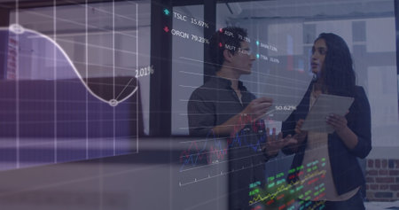 Image of financial data processing over business people talking in office. global business,...