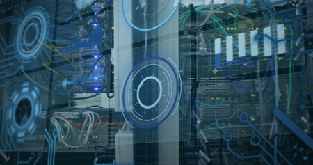 Image of data processing over computer wires. computers, network, data processing, technology and digital interface concept digitally generated image. .の写真素材