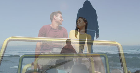 Image of happy caucasian couple in car over cityscape. Holidays, vacations and relax concept...
