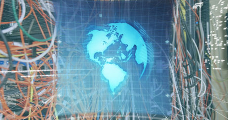 Image of data processing on screen over computer wires. computers, network, data processing,...