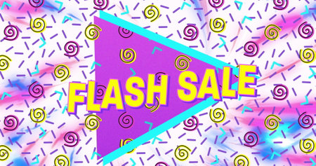 Image of flash sale text in yellow letters over brightly coloured retro pattern. shopping, retail...