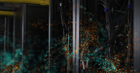 Image of glitter moving over servers. Global network, data processing, digital communication and...