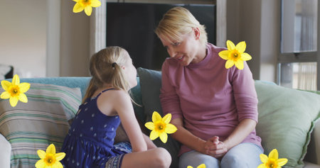 Image of flowers over caucasian mother and daughter talking and smiling on sofa. family life,...