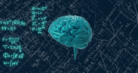 Image of human brain and mathematical data processing. Global business, connections, computing and...