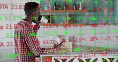 Image of data processing over african american man using smartphone. Global business, finances and...
