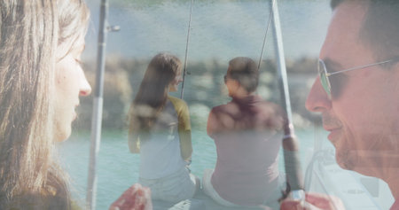 Image of double exposure of fusing people. sports, free time, active leisure time concept digitally...