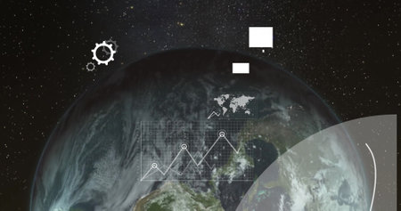 Image of data processing over globe. Global business, connections, computing and data processing concept digitally generated image.の写真素材