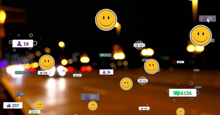 Image of social media icons with numbers over street with cars. Global social media, technology and...