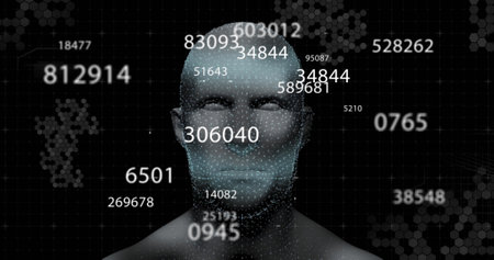 Digital image of multiple changing numbers against human face model on black background. digital interface and medical research technology conceptの写真素材