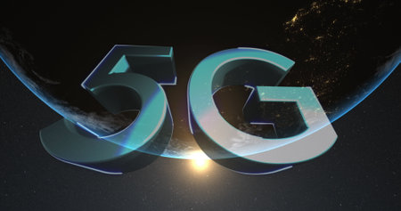 Digital image of 5g text against globe and spot of light on black background. global networking and connection conceptの写真素材