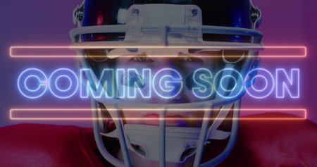 Image of coming soon text and neon shapes over american football player on neon background. Sports, competition and communication concept digitally generated image.の写真素材
