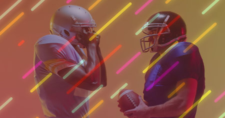 Image of neon lines over american football players on neon background. Sports, competition and communication concept digitally generated image.の写真素材