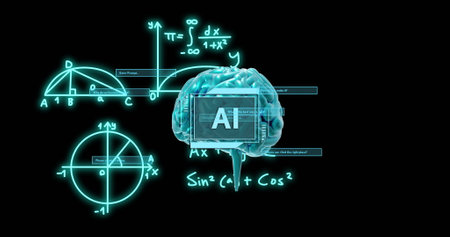 Image of ai text, human brain and mathematical data processing. Global artificial intelligence,...