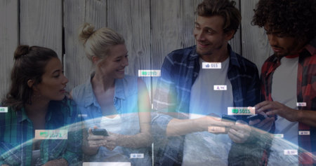 Image of social media icons with numbers and globe over diverse people using smartphones. Global social media, technology and digital interface concept digitally generated image.の写真素材