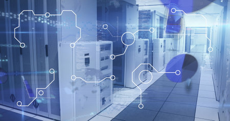 Image of network of connections and icons over server room. Global business finances and digital...