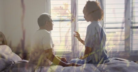 Image of grass over diverse doctor and patient talking and holding medicine. Medicine, healthcare and lifestyle concept digitally generated image.の写真素材