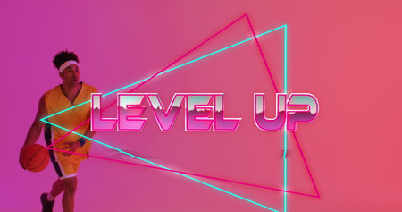Image of level up text and neon lines over basketball player on neon background. Sports, competition and communication concept digitally generated image.の写真素材