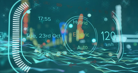 Image of electric car speedometer data processing over city. Global car travel, business, finances,...