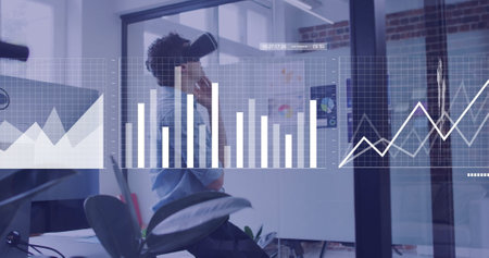 Image of data processing over caucasian businesswoman using vr headset. Global artificial...