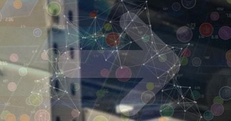 Image of network of connections with icons over blurred background. global business and digital interface concept digitally generated image.の写真素材