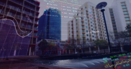 Image of data processing over cityscape. global business and digital interface concept digitally...