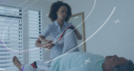 Image of scope scanning over diverse doctor and patient exercising. Medicine, healthcare and...