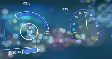 Image of electric car speedometer data processing over city. Global electric car travel, business,...