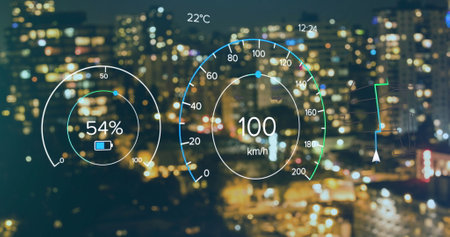 Image of electric car speedometer data processing over city. Global car travel, business, finances, computing and data processing concept digitally generated image.の写真素材