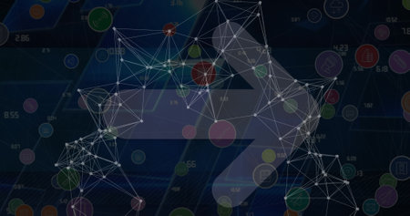 Image of network of connections with icons over arrow. global business and digital interface concept...