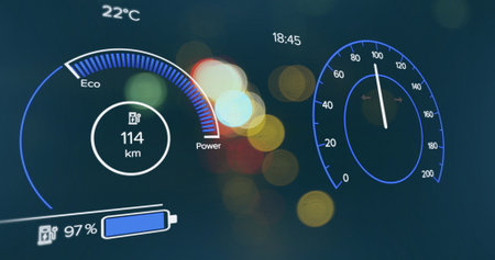 Image of electric car speedometer data processing over city. Global electric car travel, business,...