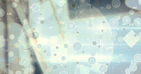 Image of network of connections with icons over blurred background. global business and digital interface concept digitally generated image.の写真素材
