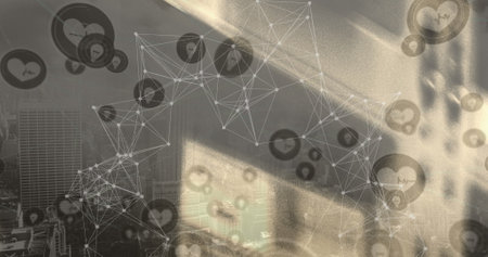 Image of network of connections with icons over cityscape. global business and digital interface...