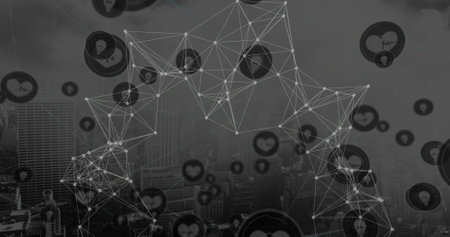 Image of network of connections with icons over cityscape. global business and digital interface...