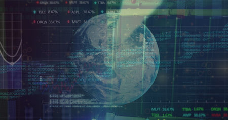 Image of data processing and globe over server room. Global business and digital interface concept digitally generated image.の写真素材