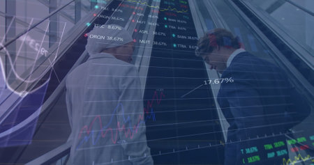 Image of financial data and graphs over back of diverse businesspeople talking. global business,...