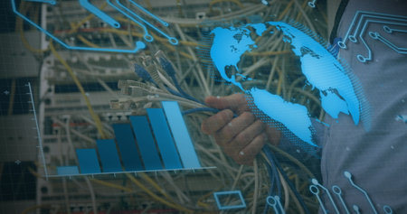Image of data processing over mid section of male engineer holding cables at server room. Computer...