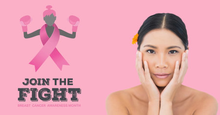 Image of breast cancer awareness text over smiling biracial woman on pink background. breast cancer positive awareness campaign concept digitally generated image.の写真素材