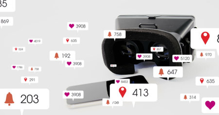 Image of social media icons and numbers on white banners over vr headset. global networking, social...