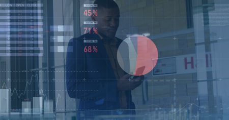 Image of financial data and graphs over african american businessman using smartphone. global business, finance, economy and technology concept digitally generated image.の写真素材