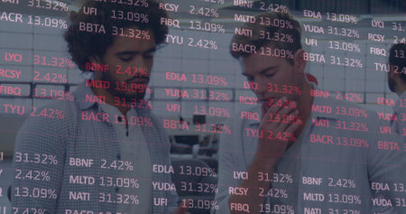 Image of financial data processing over diverse business people thinking in modern office. global...