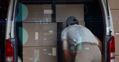Image of data processing over man packing boxes into car. global shipping, delivery and connections...