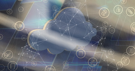 Image of network of connections with icons over blurred background. global business and digital...