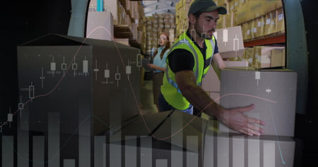 Image of financial data processing over delivery man loading up car in warehouse. global shipping,...