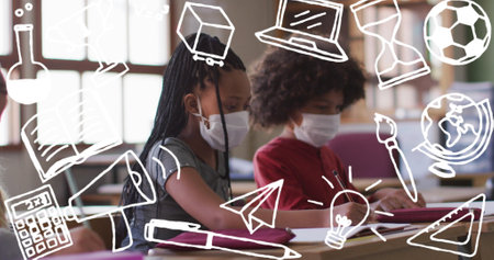Image of school items icons moving over schoolchildren wearing face masks. education, development...