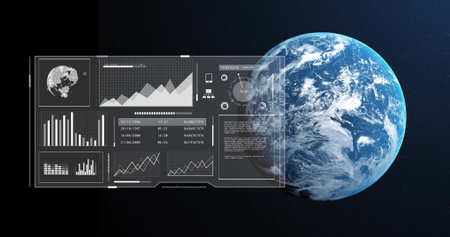 Image of data processing over screen and globe. Global business, connections, computing and data...