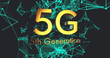 Digital image of 5g text against glowing network of connection on black background. global networking and connection conceptの写真素材