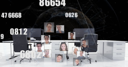 Image of network of profile icons and changing numbers over empty office and spinning globe. Global networking and business technology conceptの写真素材