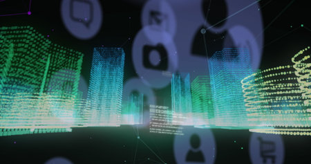 Image of digital icons, data processing and network of connections against 3d city model. Computer...