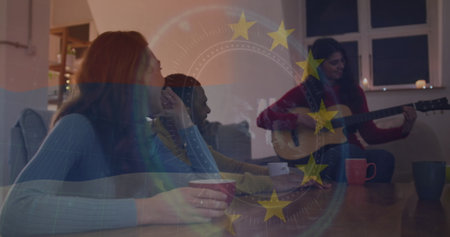 Image of 4th of july text and light spots over diverse friends. 4th of july and celebration concept digitally generated image.の写真素材